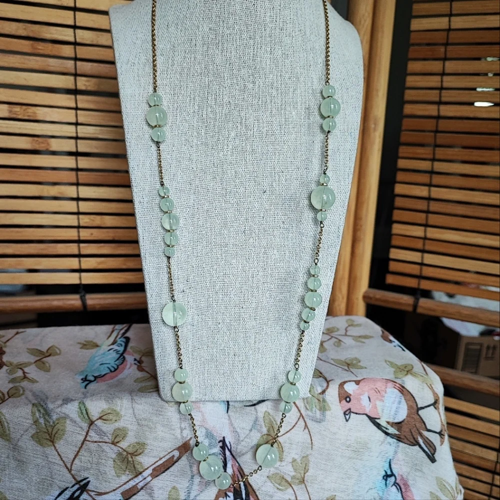 J. Crew Signed Light Green Minty Asymmetrical Gold Tone Necklace Lifesaver Clasp